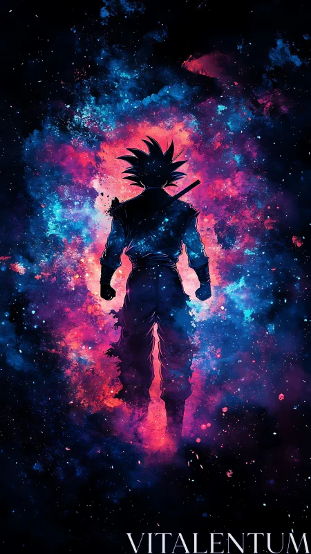 Silhouetted fighter stands centered in vibrant cosmic nebula