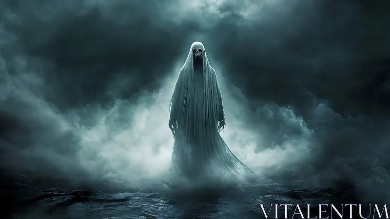 Ethereal ghostly figure drifts calmly through swirling fog