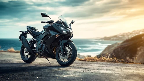 Sport motorcycle stands poised above a glowing coastal highway