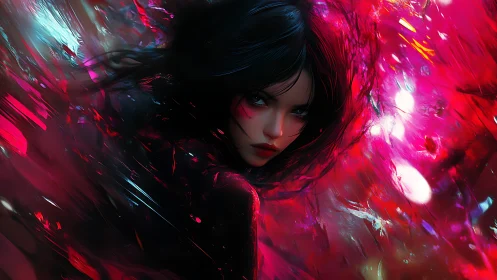 Digital portrait of intense woman in abstract neon motion