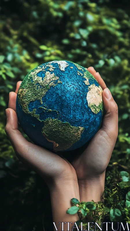 Hands gently cradle the Earth amid lush green foliage