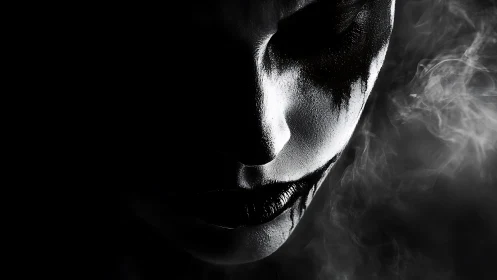 High contrast portrait isolates painted face with dramatic chiaroscuro