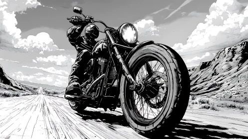 Motorcycle rider powers through endless desert highway.