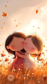 Two animated girls kissing in golden flower field at sunset