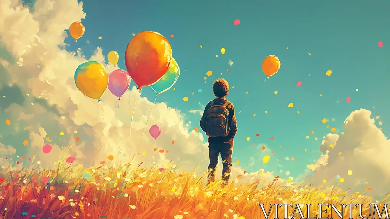 Child with colorful balloons wandering through golden dreams.