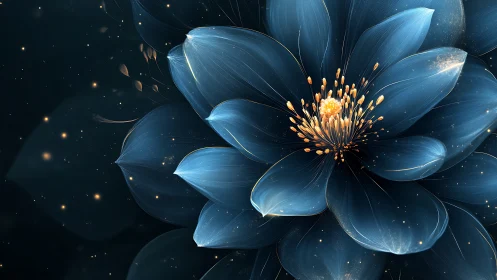 Digital flower rendered with blue petals and golden luminous center