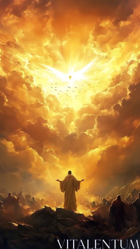 Radiant messianic figure under blazing golden heaven descends