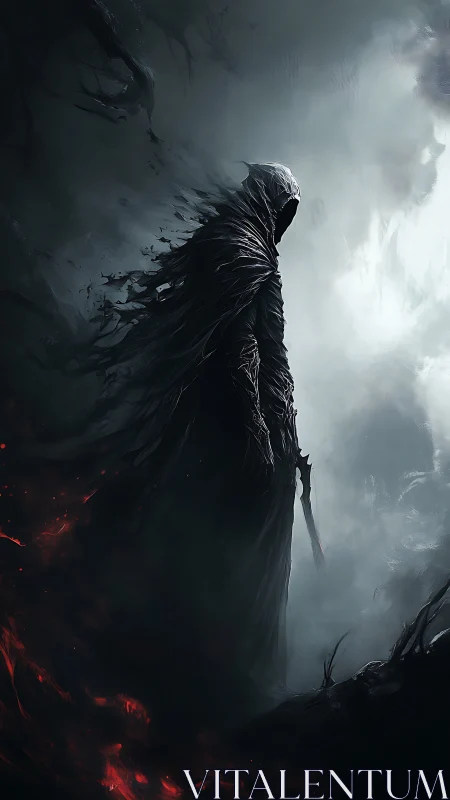 Mysterious hooded reaper watching over swirling shadows.