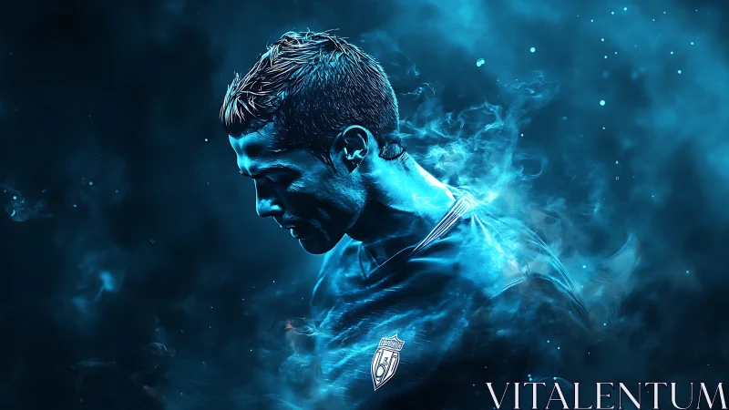 Blue-lit footballer portrait in swirling digital smoke