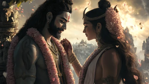 Divine couple shares a serene vow beneath a glowing sky
