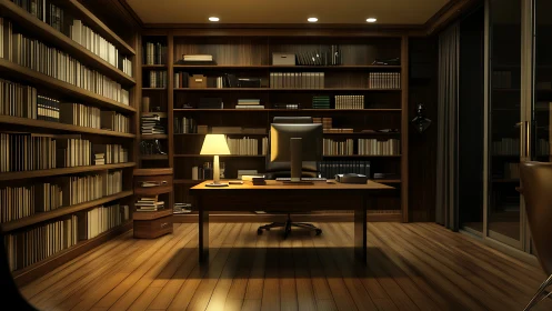Midnight scholar&rsquo;s study glows in lamplight and quiet screens.