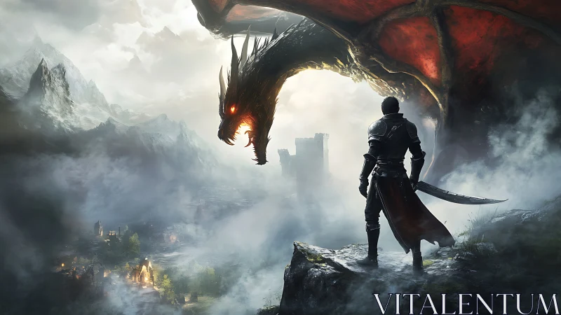 Armored warrior confronts firelit dragon above misty valley.