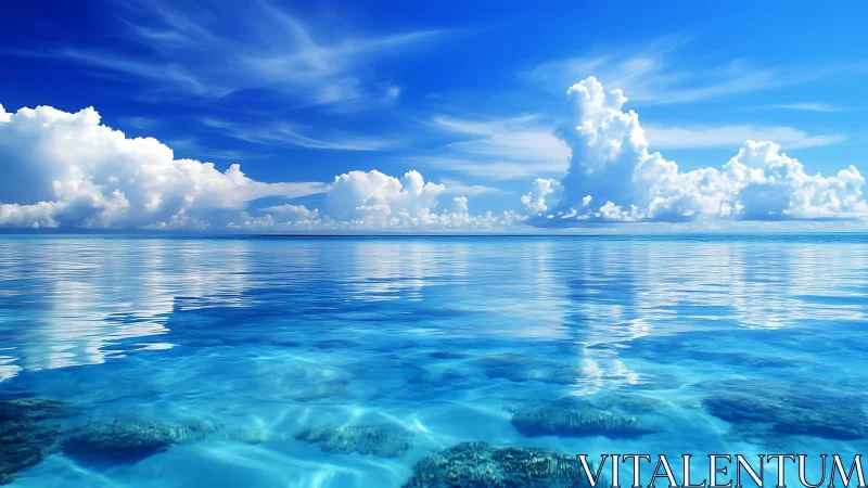 Calm tropical ocean under vivid blue sky and clouds.