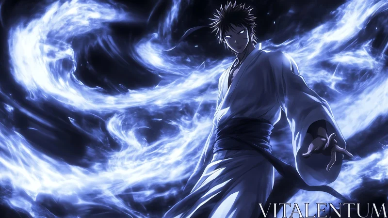 Anime warrior in robe controls swirling blue energy waves