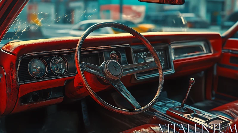 Retro red car interior captures worn chrome and sunlight.