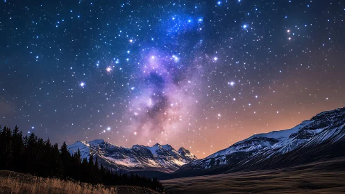 Photorealistic alpine nightscape with dense stellar canopy.