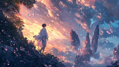 Solitary figure on twilight cliff facing luminous floating spires