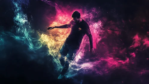 Soccer player rendered within tri-color digital energy field