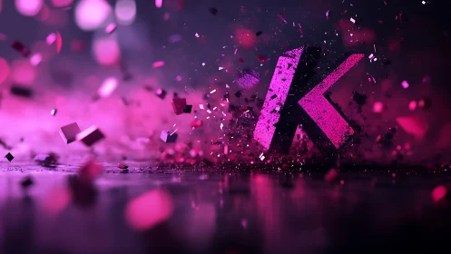 Glowing pink letter K bursting through sparkling confetti.