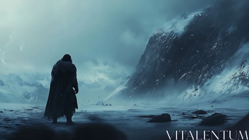 Solitary cloaked wanderer crossing glacial storm basin panorama.