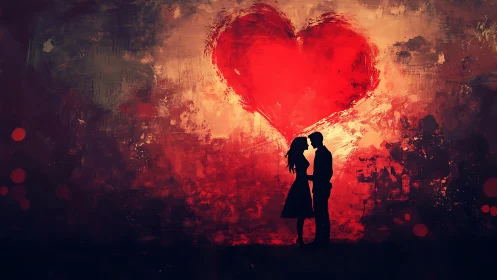 Silhouetted lovers kiss beneath glowing crimson heart.