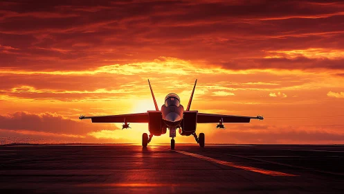 Carrier-based fighter jet aligned against a saturated sunset sky