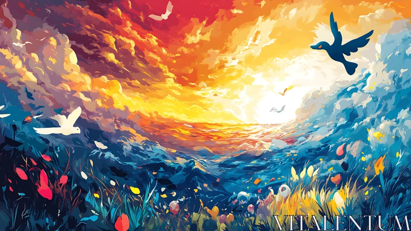 Soaring birds over a glowing ocean sunset dreamscape.