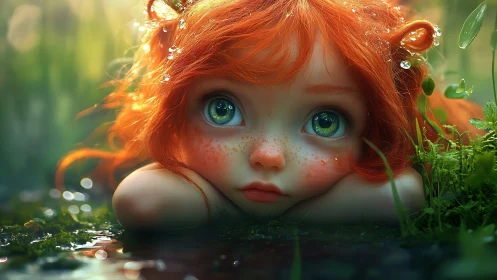 Digital portrait depicts childlike figure resting in wet grass