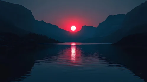 Crimson sun sets over still mountain lake at twilight