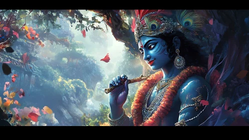 Blue-skinned flute player stands in dense, colorful forest