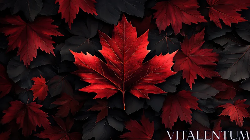 Digital painting of crimson maple foliage on dark groundplane.