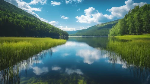 Peaceful mountain lake wrapped in summer green calm.