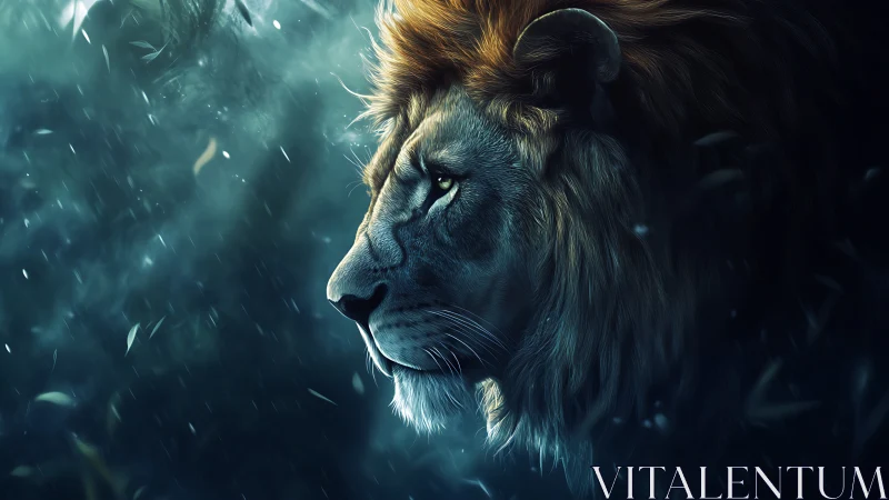 Majestic lion profile in moody blue and golden light.