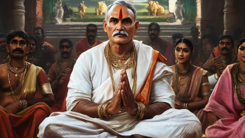 Elderly Hindu leader in ornate white dhoti leads formal seated prayer