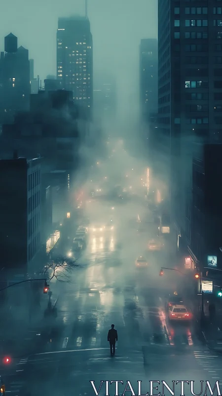 Solitary walker in misty midnight city street light glow.