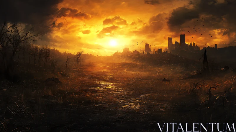 Golden stormy sunset welcomes a distant, brooding citadel