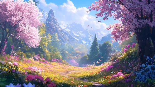 Spring alpine valley with cherry blossoms and distant snow peaks