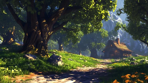 Sunlit Valley Settlement: Architectural Ensemble Within Towering Geological Formation.