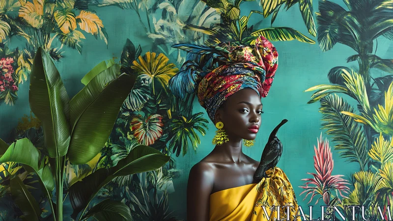 Tropical portrait with vibrant textiles and exotic foliage.