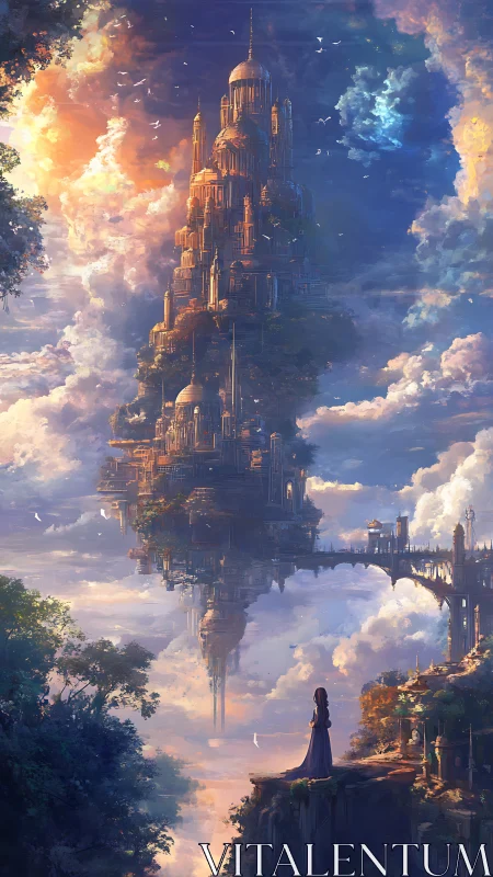 Vertical cloudborne palace and bridge with lone observer.