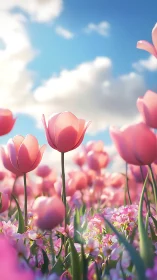 Pink Tulips Under Blue Sky With Clouds.