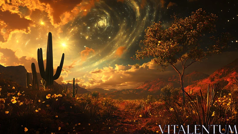 Surreal desert nightscape under swirling golden galaxy.