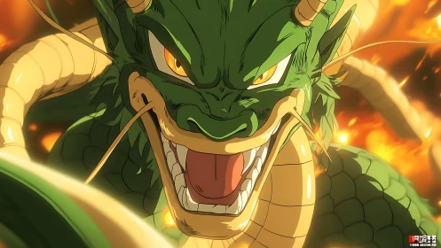 Aggressively lit green dragon head with coiled serpentine body