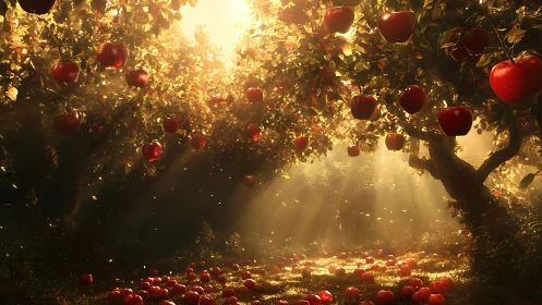 Sunlit orchard dream where ruby apples drift like wishes.
