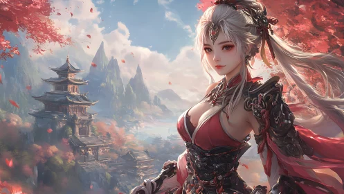 Warrior priestess gazes over misty pagoda valley at dawn.