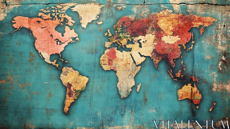 Vintage textured world map glows against distressed teal wall
