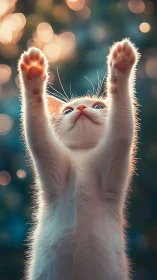 Joyful White Cat Celebrates with Triumphant Paws Raised High.