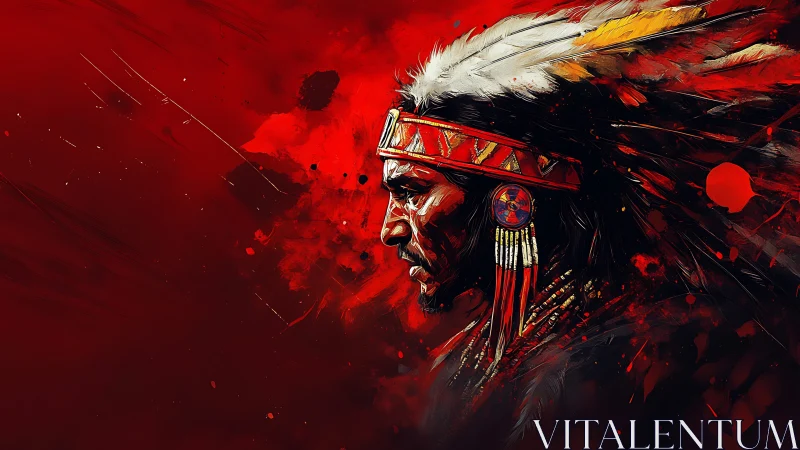Native American warrior profile on vivid red background.