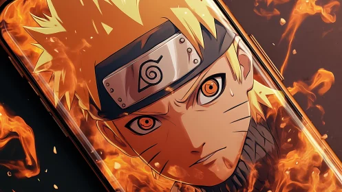Fiery anime ninja face framed inside smartphone screen.