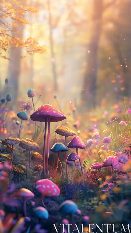 Colorful mushrooms in soft sunlight within forest glade.